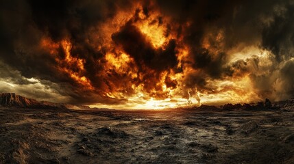 Dramatic landscape of a desolate planet with fiery sky above a barren terrain evoking a sense of apocalypse and desolation in a panoramic view