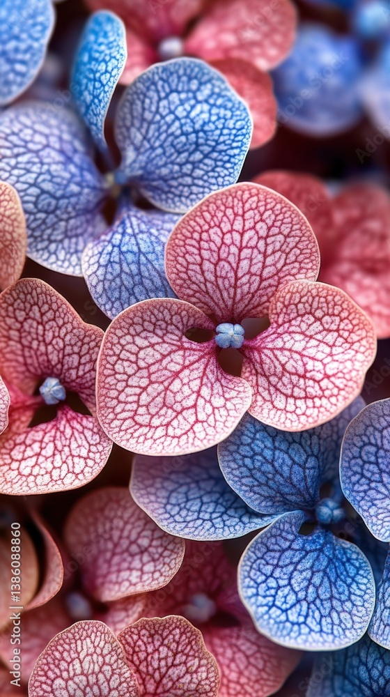 Poster captivating hydrangea bloom close up showcasing delicate petal texture and vibrant red and blue colo