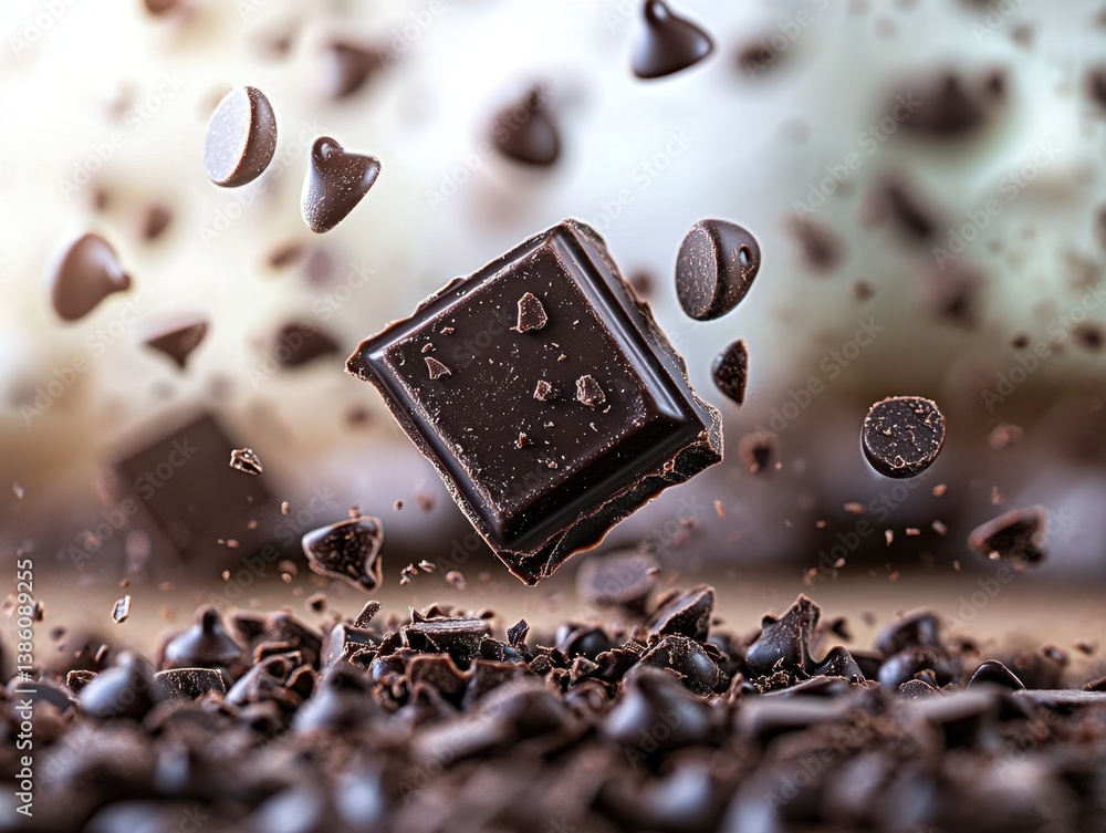 Poster delicious dark chocolate square and chips falling in a dynamic food photography scene creating a swe