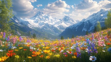 Fototapeta premium Majestic Mountain Meadow: A vibrant tapestry of wildflowers blossoms against the backdrop of snow-capped peaks under a brilliant summer sky.
