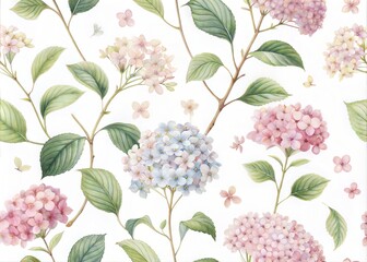 Delicate Watercolor Hydrangea Floral Pattern on White Background.