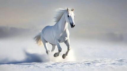 White Horse Running Freely in Snow Covered Field Landscape