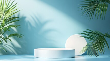 Fototapeta premium Light Blue Background with White Podium and Palm Leaves. Use Product Display