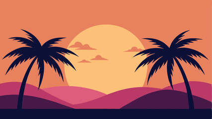 Obraz premium sunset behind palm trees, pink and orange tones