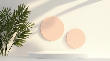Fototapeta premium Minimalist display podium with palm leaves and soft light