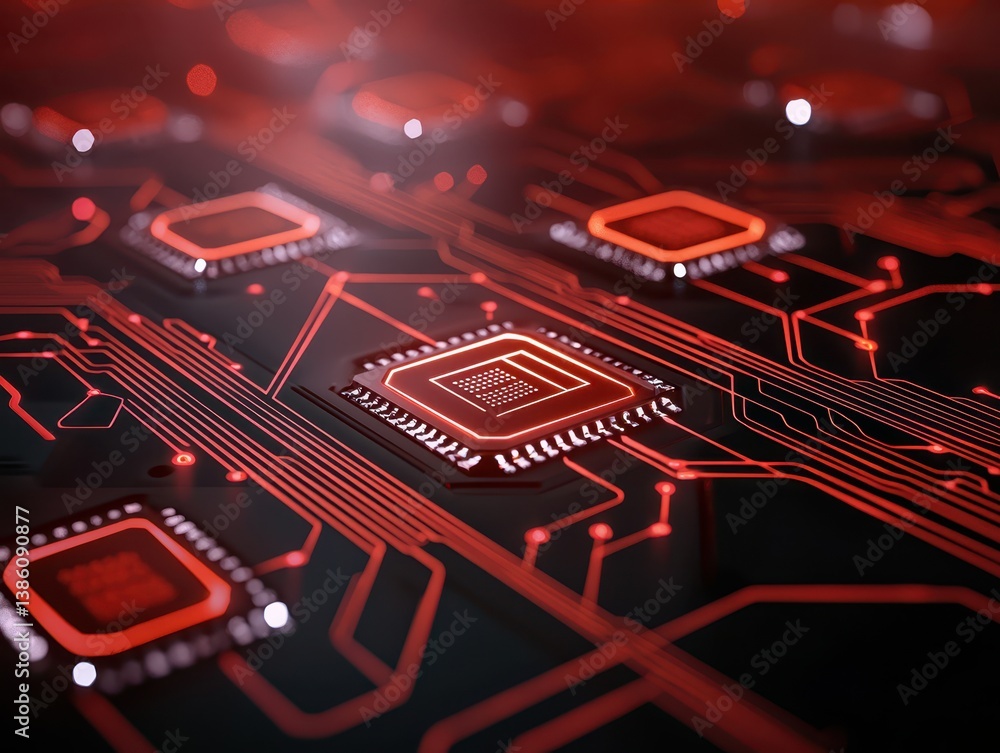 Poster illuminated circuitry, closeup of circuit board with glowing red led light