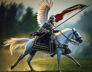 Polish hussar, a winged knight with a lance in his hand attacking on horseback