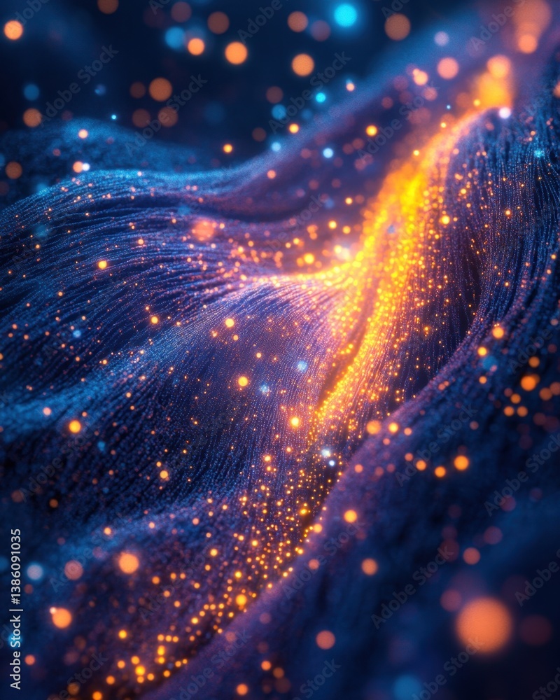 Poster abstract flowing data stream with shimmering particles in blue and orange tones for modern technolog