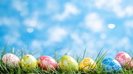 Colorful Decorated Easter Eggs Lying on Green Grass Field Under Blue Sky