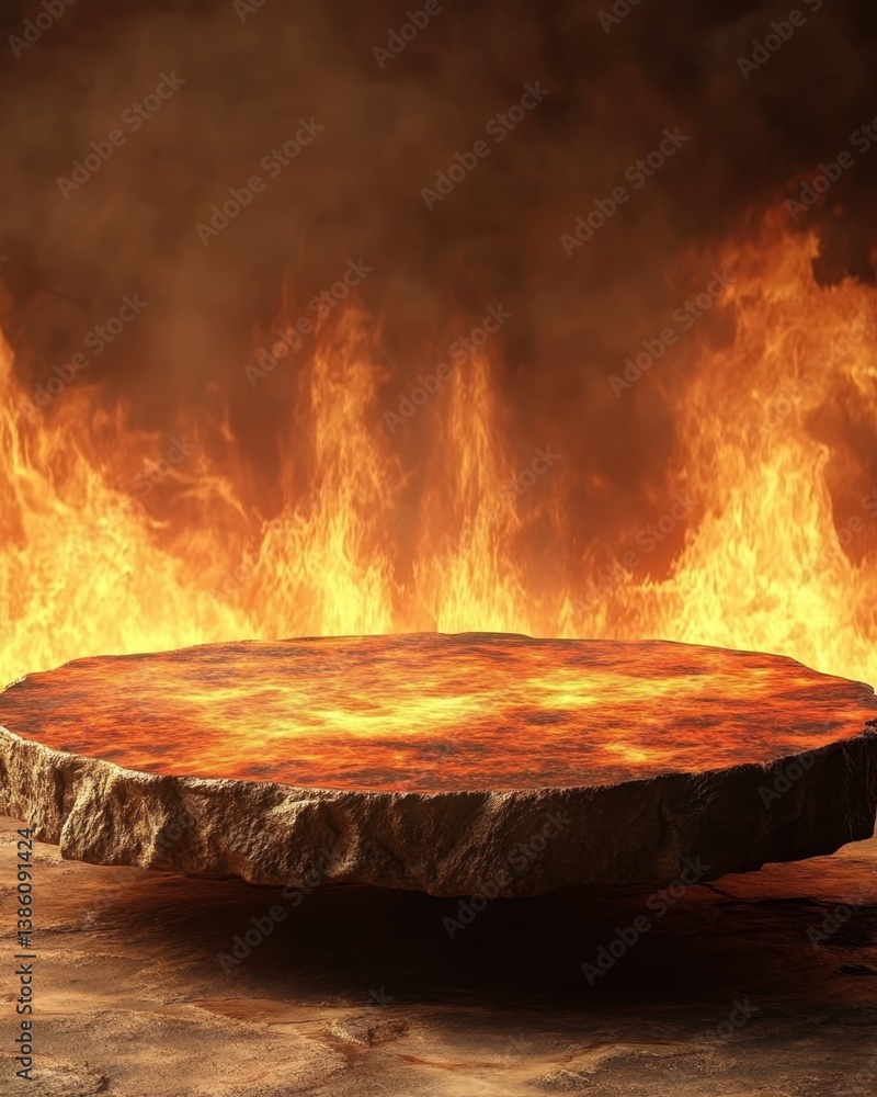 Poster fiery stone platform with intense flames in a dramatic setting ideal for product display and creativ