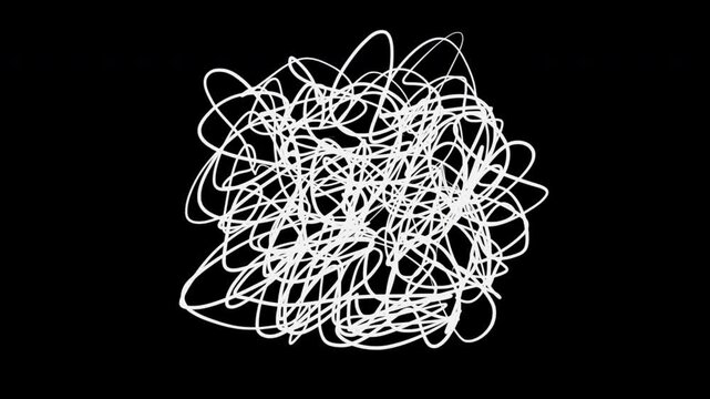 Doodle white chaotic scribble ink stroke or pencil lines group in circle or spherical silhouette. Set of abstract 2d animation insane tangled hand drawn element isolated on black background.