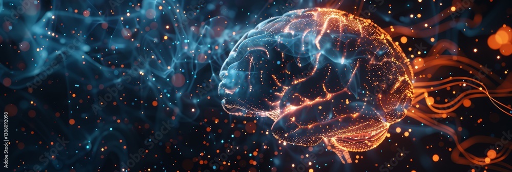 Poster data stream brain: glowing particles in sci-fi space - a brain glows with vibrant particles, symboli