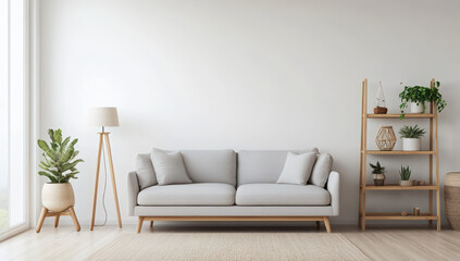A modern living room with a gray sofa a floor lamp a plant and a wooden shelving unit against a white wall