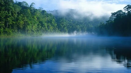 A serene scene of a tranquil lake with mist rising off the water, surrounded by dense forest.