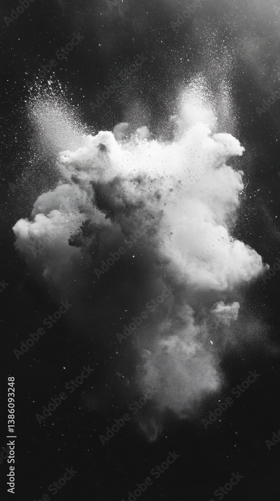 Poster ethereal cloud of white powder explosion against a dark background creating a dramatic and abstract 