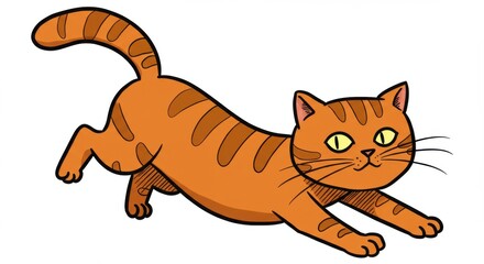 Naklejka premium Cartoon Orange Striped Cat Pouncing with Playful Expression on White Background