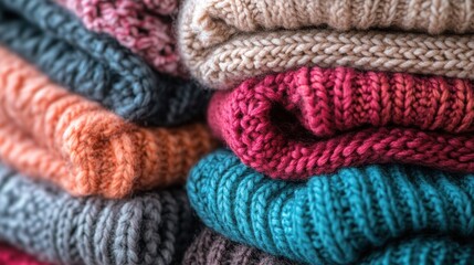 A close-up of a stack of cozy knitted scarves in various shades of winter colors.