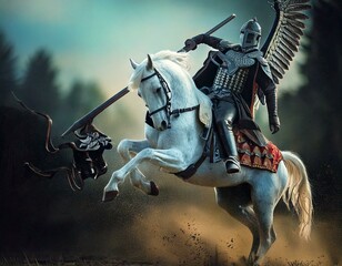 Polish hussar, a winged knight with a lance in his hand attacking on horseback	