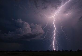 Dramatic Lightning Strike Over Dark Landscape During Night Storm