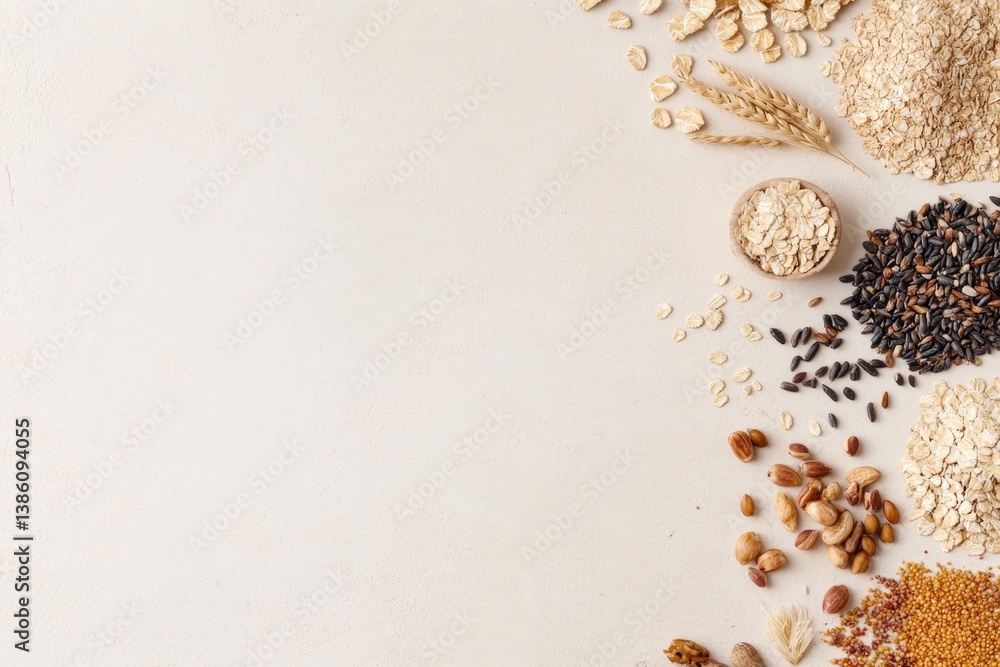 Poster array of diverse grains and cereals arranged on light-hued pristine surface with abundant copy space