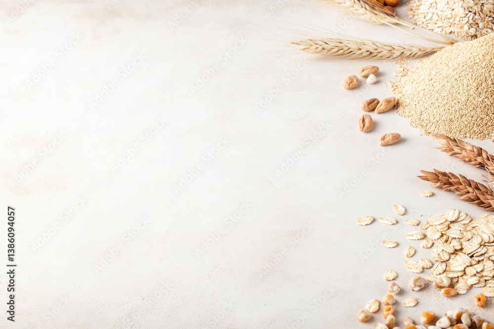 Poster array of diverse grains and cereals arranged on light-hued pristine surface with abundant copy space