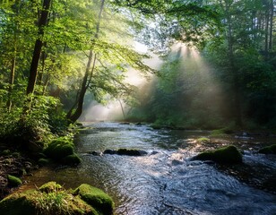 Obraz premium misty forest river sunlit water lush green foliage tranquil scene nature backdrop