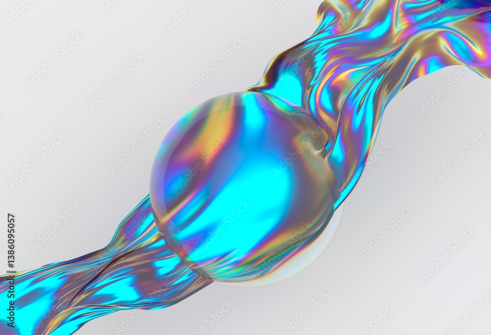 Aufkleber iridescent sphere wrapped in a colorful, flowing ribbon on a white background. this elegant 3d illus