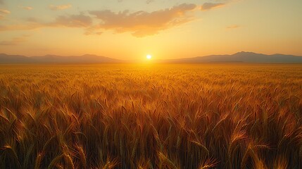 A golden wheat field stretching endlessly under a pastel evening sky, soft breeze swaying the crops, horizon glowing warmly