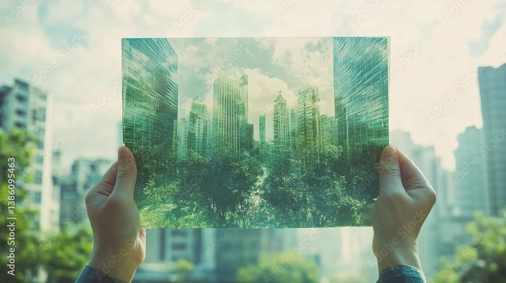 Poster engineer holding blueprint of modern architecture with nature elements