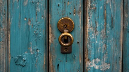 A detailed close-up of a vintage wooden door with intricate carvings and a rusty brass handle