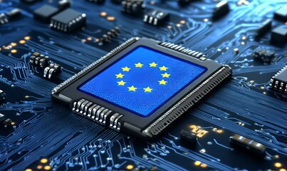 EU Digital Sovereignty: A Microchip Displaying the European Flag on a Circuit Board