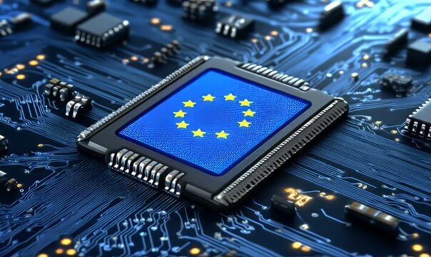 EU Digital Sovereignty:  A Microchip Displaying the European Flag on a Circuit Board