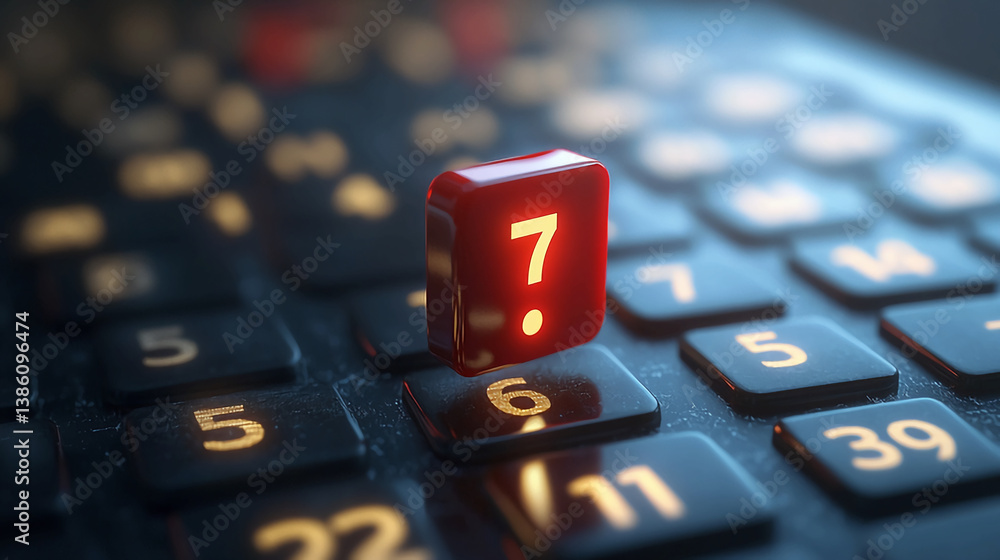 Poster calculator keyboard with red question mark button for finance and mathematical calculations concept 
