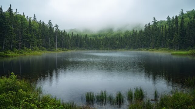 A serene scene of a tranquil lake with mist rising off the water, surrounded by dense forest