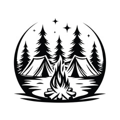 Camp Tents Pine Trees Silhouette With Fire 