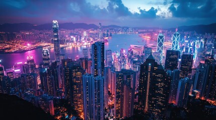 Obraz premium Vibrant Hong Kong Nightscape: A Dazzling Aerial View of Skyscrapers and City Lights