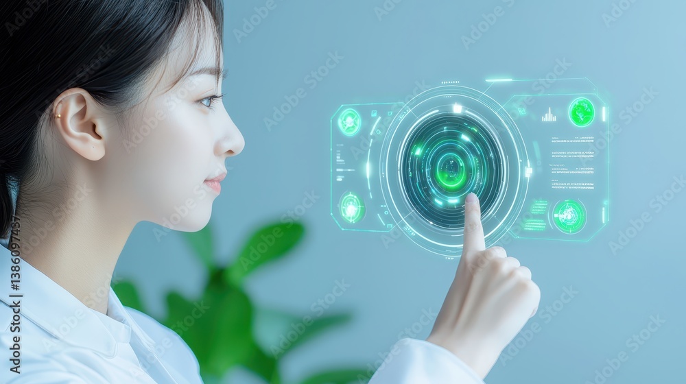 Poster woman engaging with digital interface, glimpse into future technology interaction and user experienc