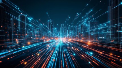 Fototapeta premium Futuristic city skyline with glowing lines representing digital connections and data flow.