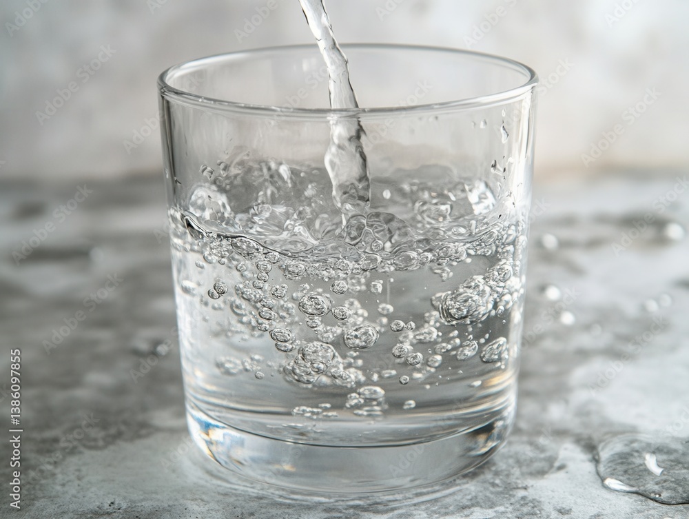 Poster refreshing water pouring into a clear glass creating bubbles on a gray surface in a clean and simple