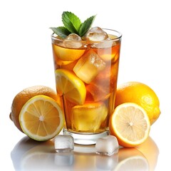 Lemon Iced Tea in a clear glass with ice cubes and lemon slices, condensation on the glass, realistic and highly detailed
