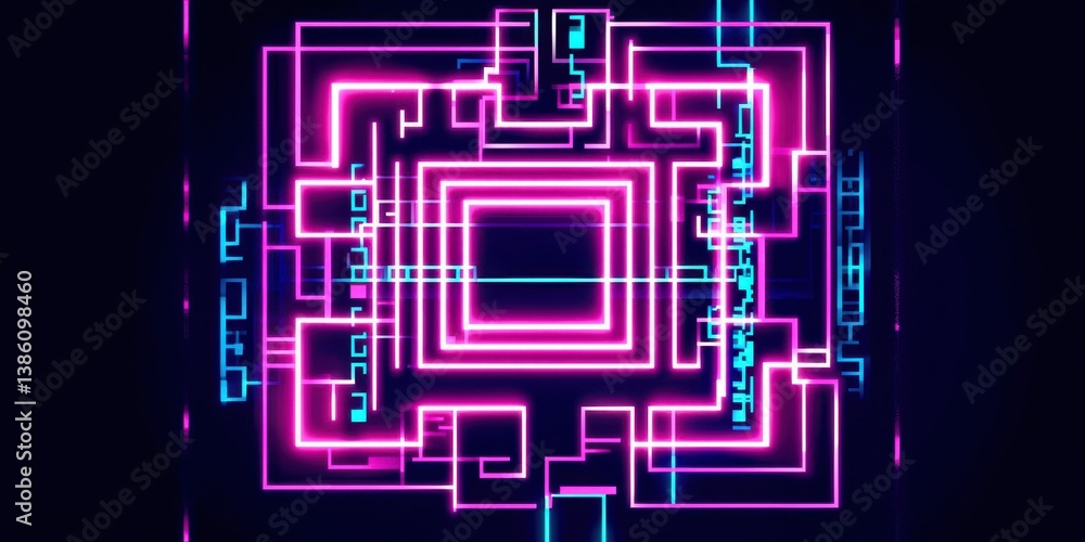 Poster a qr code is lit up in neon colors in a futuristic setting