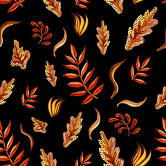 Watercolour falling stylisation pattern. Autumn leaves. Palm and oak leaves