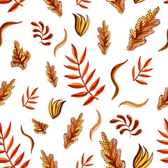 Watercolour falling stylisation pattern. Autumn leaves. Palm and oak leaves