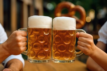 Beer festival, Oktoberfest tent interior. Hands holding beer mugs closeup