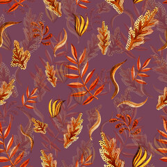 Watercolour falling stylisation pattern. Autumn leaves. Palm and oak leaves