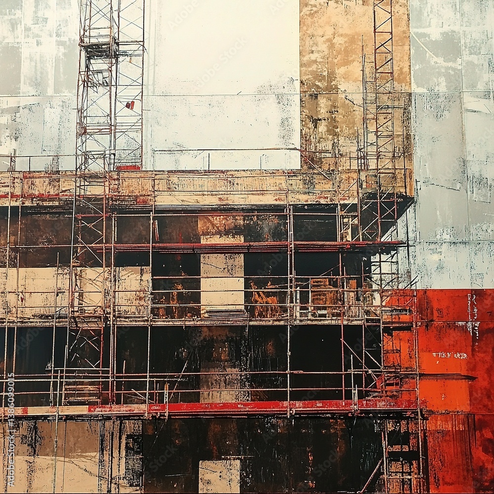 Poster urban construction site with scaffolding and building framework