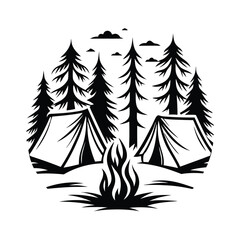 Camping Tent Vector, Moon, Stars, Trees, Bonfire, Black Silhouette on White