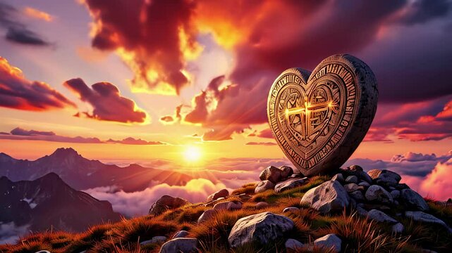 Engraved heart-shaped stone on a rocky mountain peak during a sunset