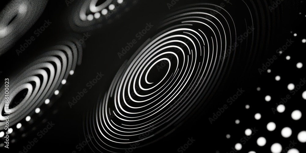 Poster a black and white image of a spiral with many dots
