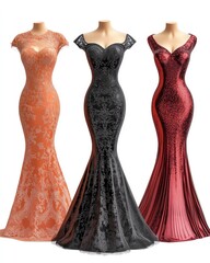 Elegant Dresses on Mannequins Displaying Lace and Sparkling Fabric Details